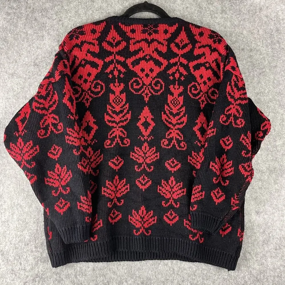 Vintage Yellow Rose Sweater Womens Medium Red Floral‎ Knit Artsy Hong Kong 80s